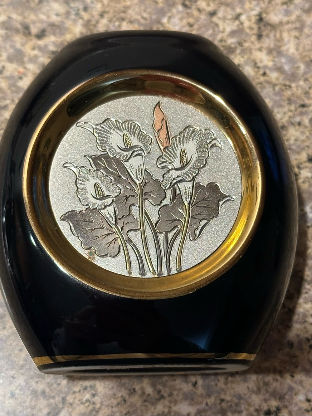 The Art of Chokin 24k Gold Trim Japanese Lcalla lilies Black Vase Vintage Chic